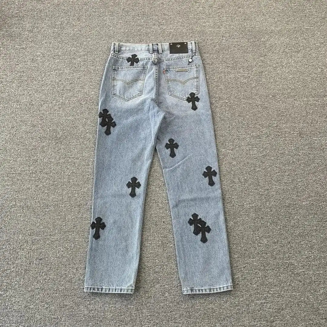Cross Embroidered Straight Jeans – Sub-Grey Summer Flare Edition