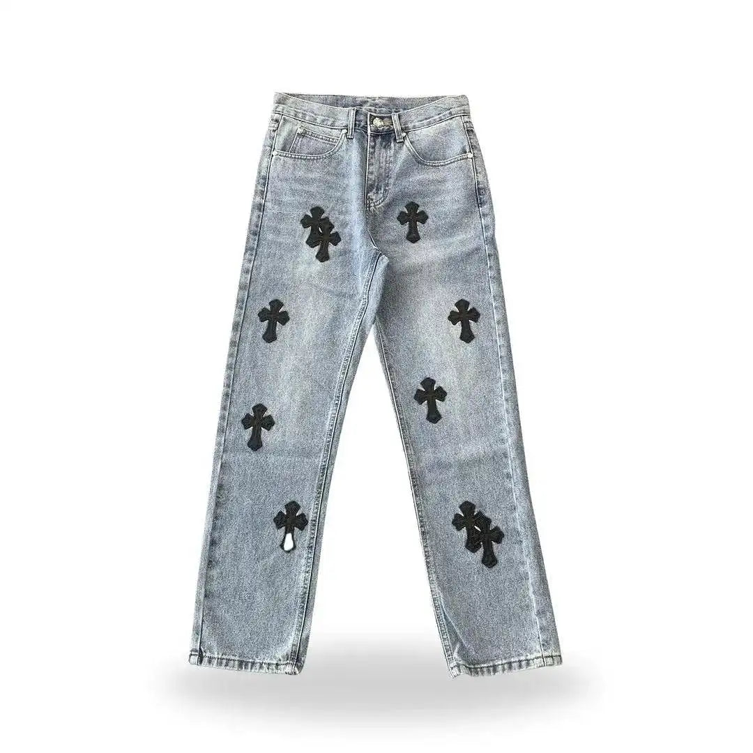 Cross Embroidered Straight Jeans – Sub-Grey Summer Flare Edition