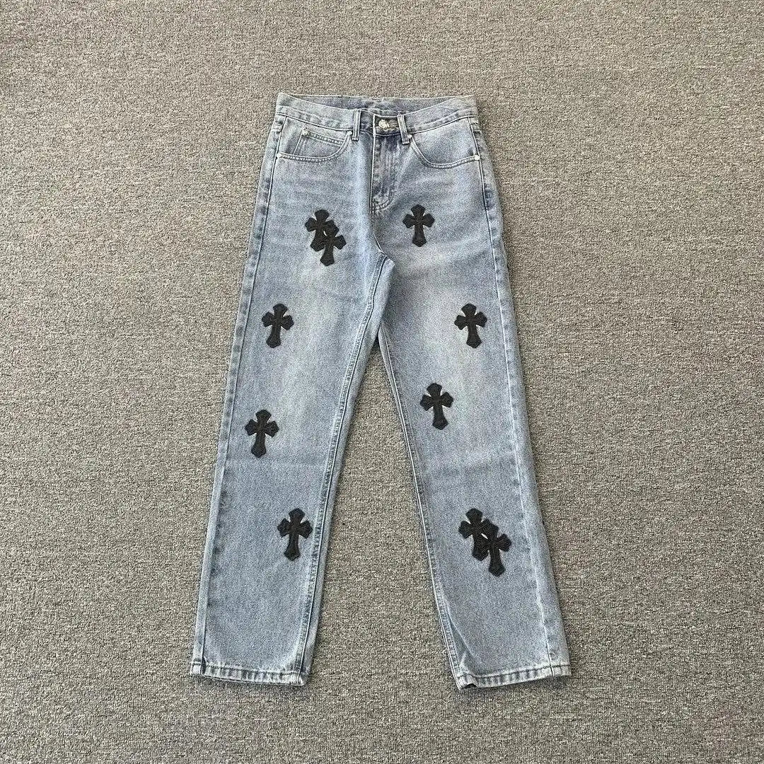 Cross Embroidered Straight Jeans – Sub-Grey Summer Flare Edition
