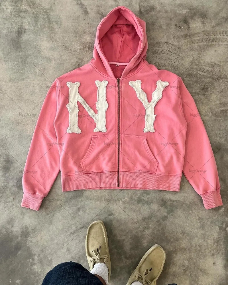 NY Bone-Stitch Hoodie – Y2K High Street Zip-Up Drop