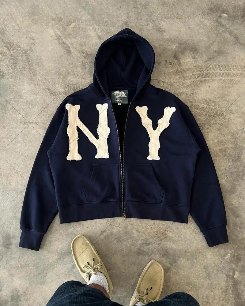 NY Bone-Stitch Hoodie – Y2K High Street Zip-Up Drop